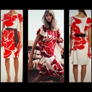 ESCADA $1995 DESIGNER RED POPPY SILK BLEND FLORAL FLUTTER BELTED CLASSY DRESS 36